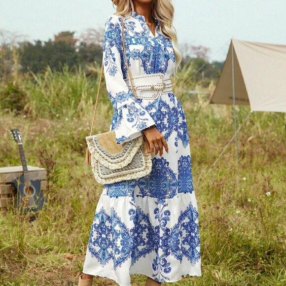 Boho Women's Notched Neck Flounce Hem Maxi Dress With Sleeve blue white - Picture 5 of 6